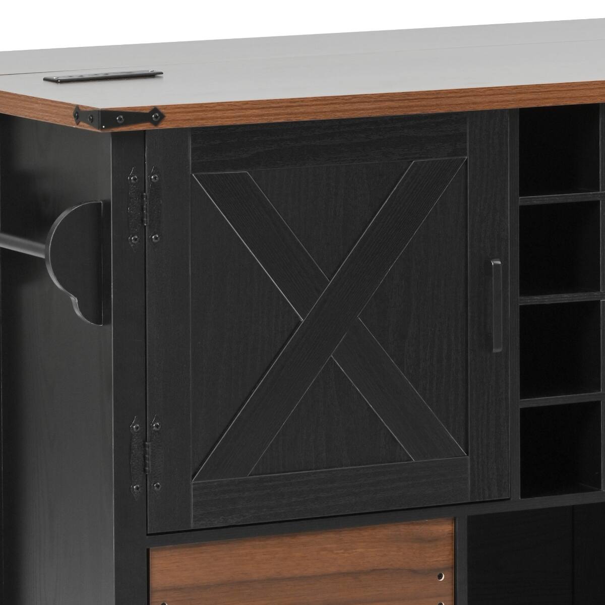 Left. Loheer - Loheer 54" Farmhouse Kitchen Island with Drop Leaf, Black Rolling Kitchen Cart with Power Outlet and Wine Rack - Black.