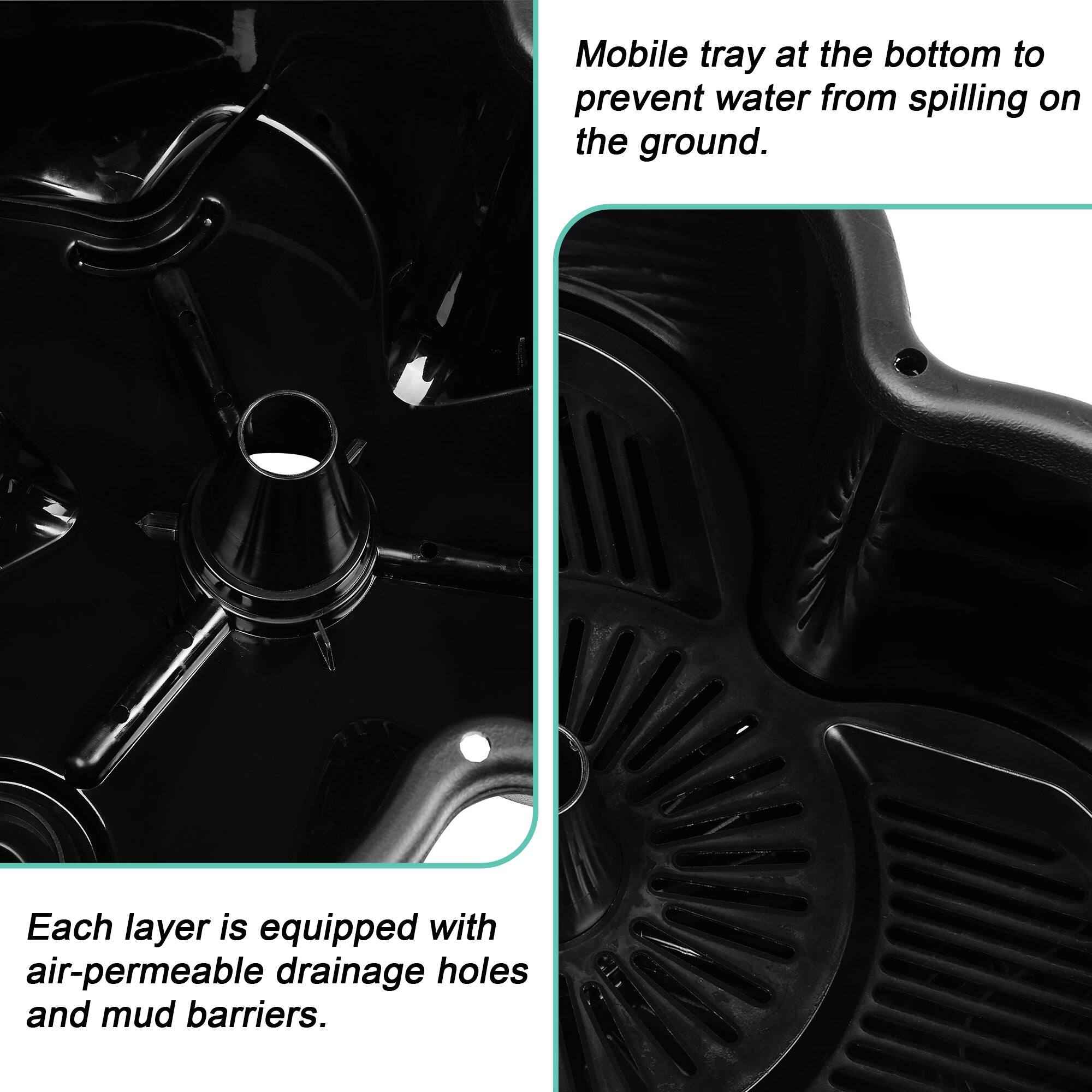 Mobile tray at the bottom to prevent water from spilling on the ground.

Each layer is equipped with air-permeable drainage holes and mud barriers.