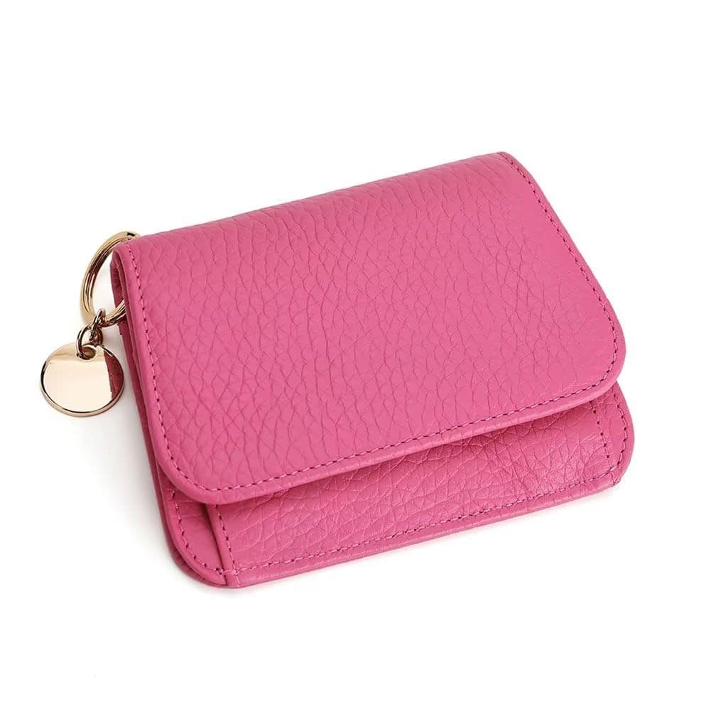 Jadie Link - Small Wallet Women Rfid Blocking Genuine Leather Card Case Slim Tri-fold Zipper Pocket Keychain Minimalist Small Wallet - Dark Pink