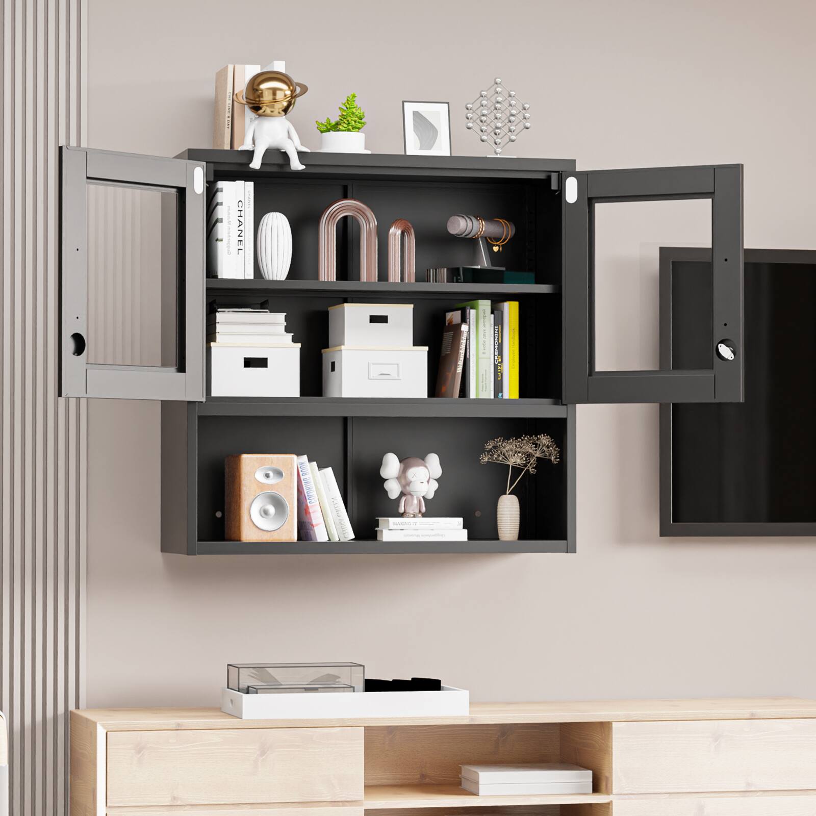 Left. Winado - Metal Wall Mounted Display Cabinet with Sensor Light & Locking Glass Front Door & Adjustable Interior Shelf for Kitchen - Black.