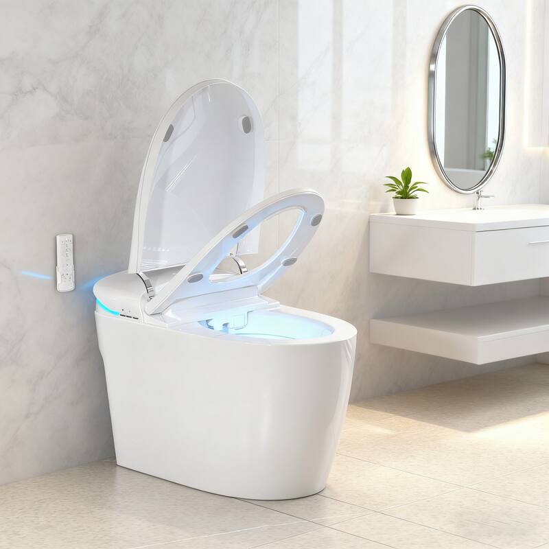 Vipbear - Smart Toilet with Tank, Voice Control, Auto Lid, Instant Wash, Warm Air Dry, Heated Seat, Blue Light - White