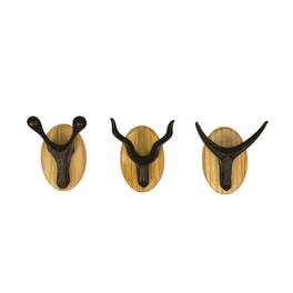 Zeckos - Cast Iron Antler Wall Hook Set of 3 with Wood Backs 3.5 Inch - Dark Brown