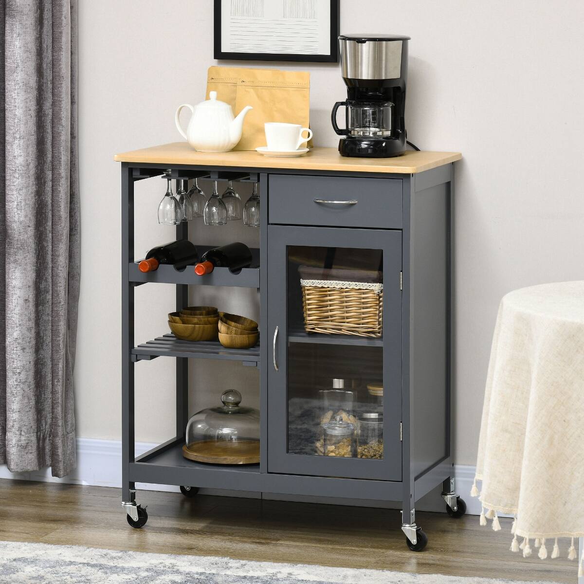 Alt View 4. Loheer - Loheer Rolling Kitchen Island with Storage Grey Kitchen Cart with Wine Rack Bamboo Top - Grey.