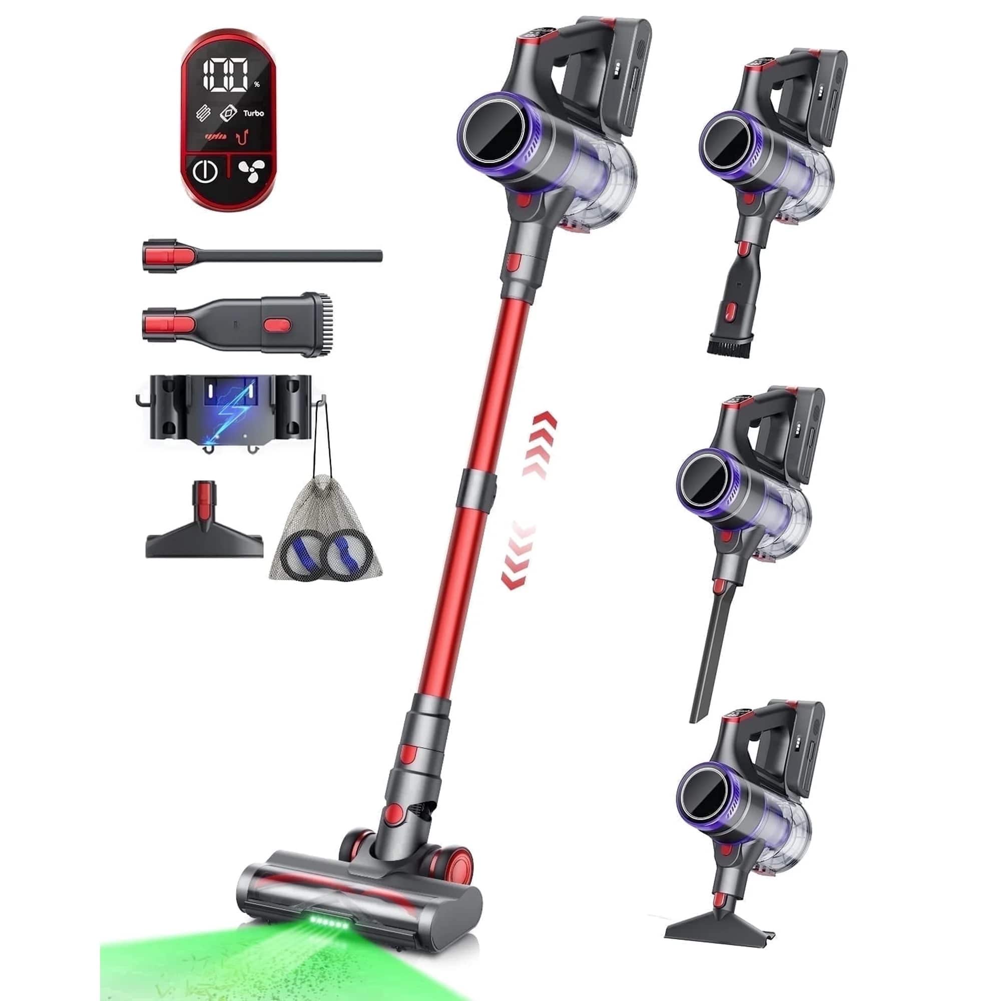 COQOOL - Cordless Vacuum Cleaner, 550W/48Kpa stick vacuum for Home, 70 Mins Max Runtime, for Hard Floor Carpet Pet Hair - Red