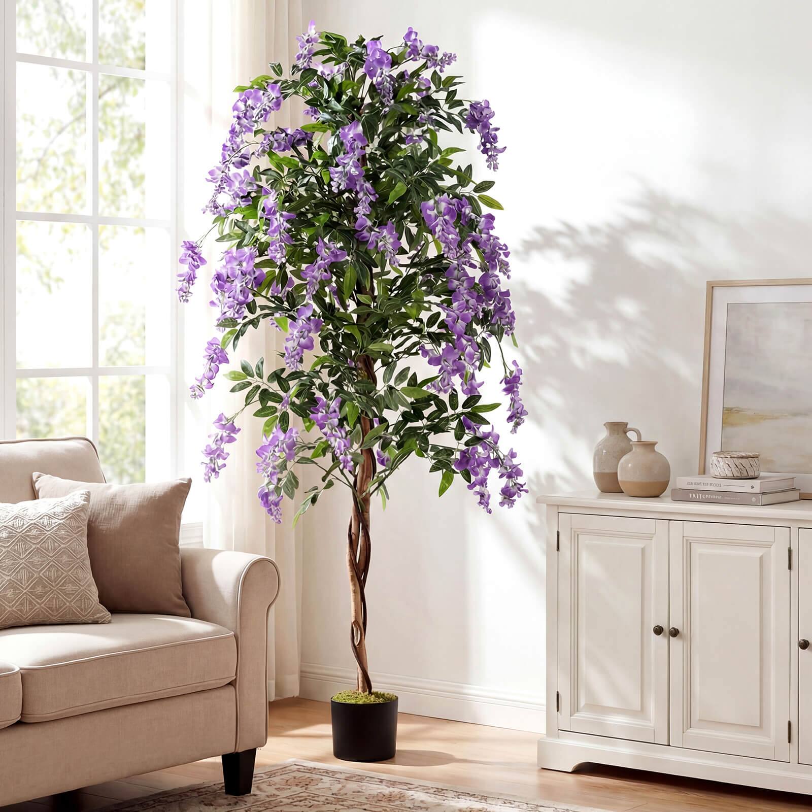 Alt View 3. Costway - Costway 6 FT Artificial Wisteria Tree Set of 1 with Natural Trunks Purple Lifelike Flowers for Porch - Purple+Natural+Black.