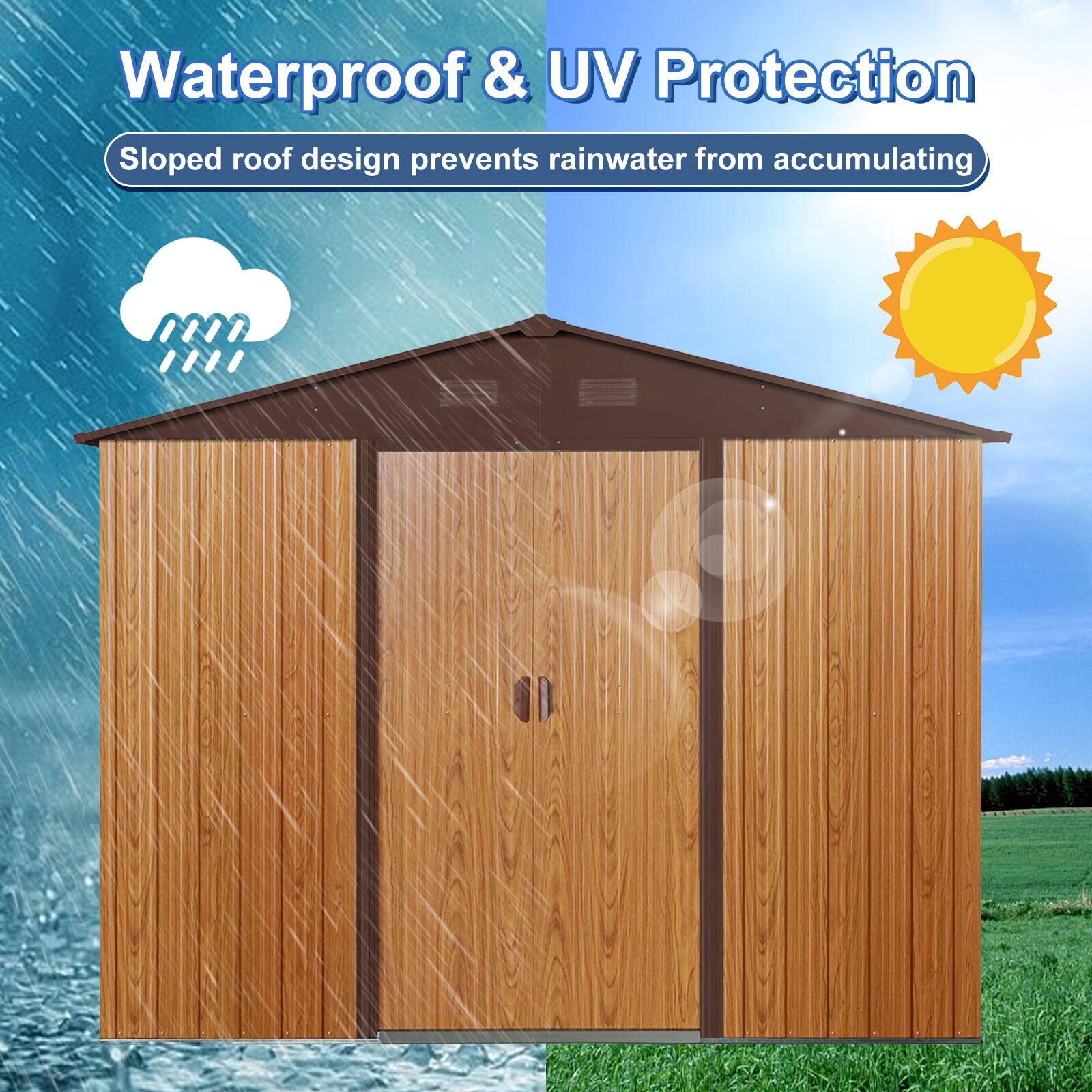 Waterproof & UV Protection  
Sloped roof design prevents rainwater from accumulating