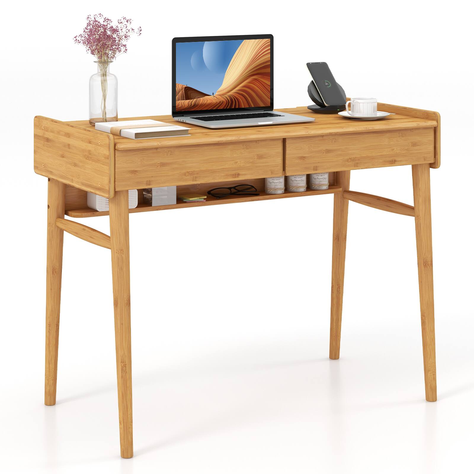 Alt View 9. Ecooso - Bamboo Writing Desk with 2 Drawers, Open Shelf Workstation for Home Office and Study - Natural.