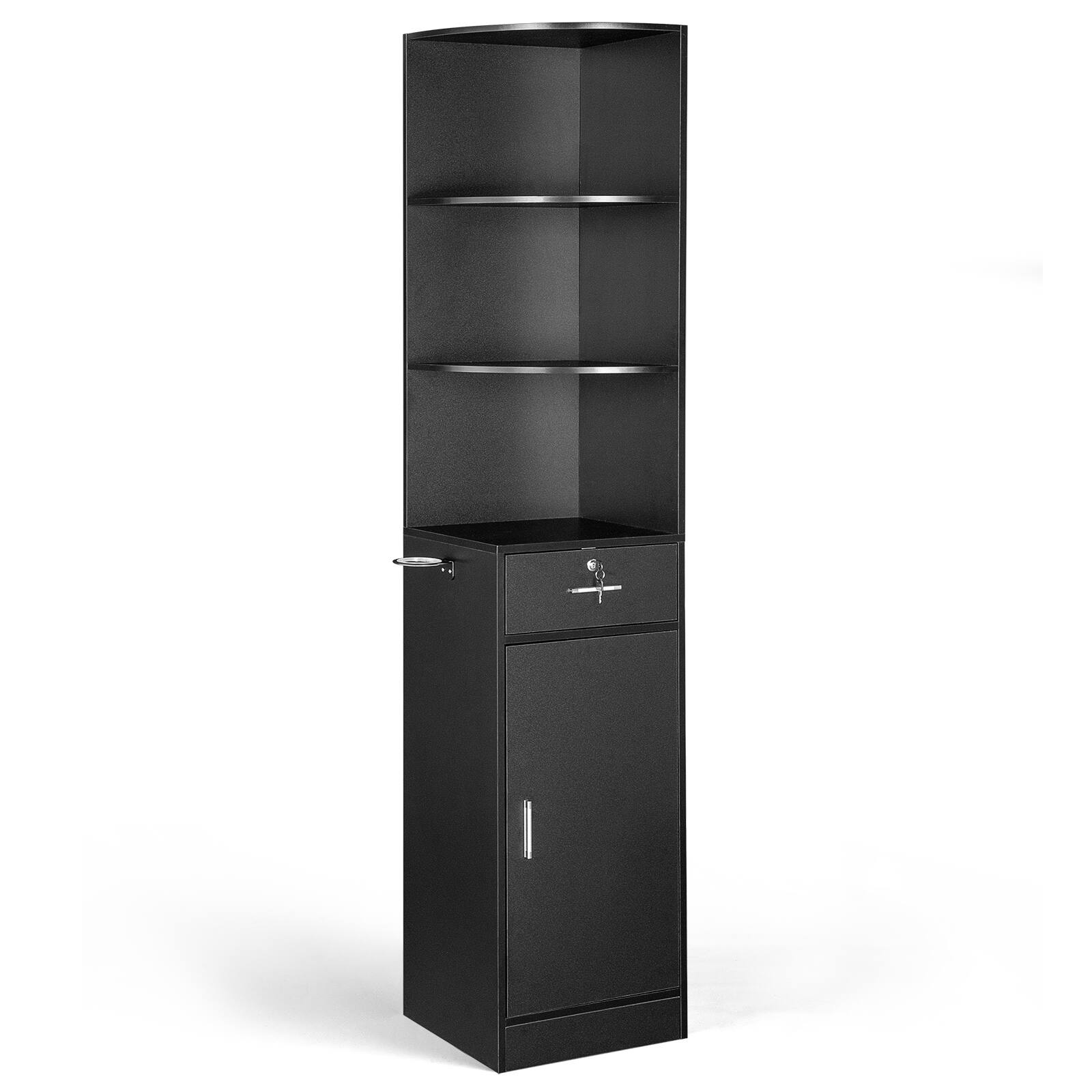 Angle. Winado - Salon Corner Storage Cabinet Wall Mount Salon Station with Lockable Drawer, Bottom Cabinet, Hair Dryer Holder for Barber - Black.