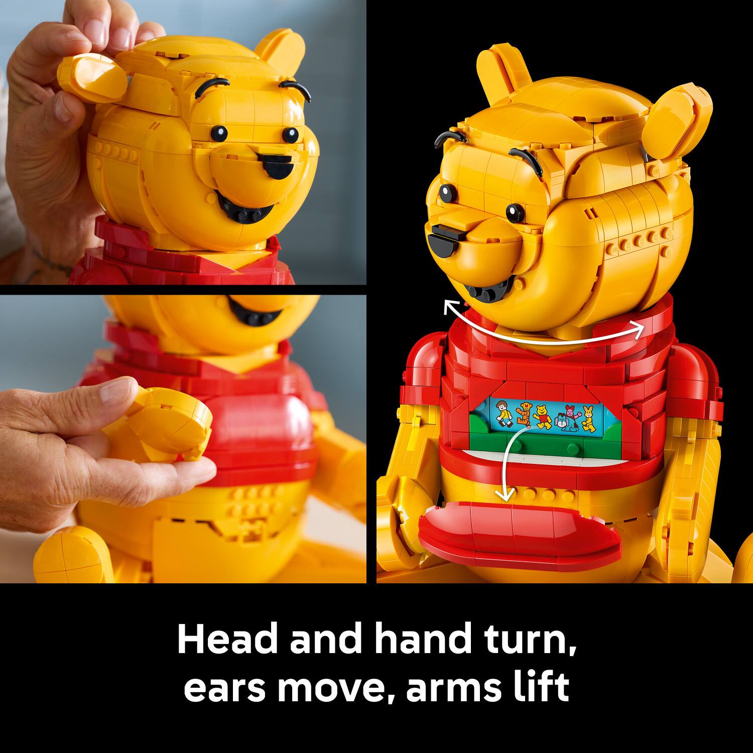 Head and hand turn, ears move, arms lift
