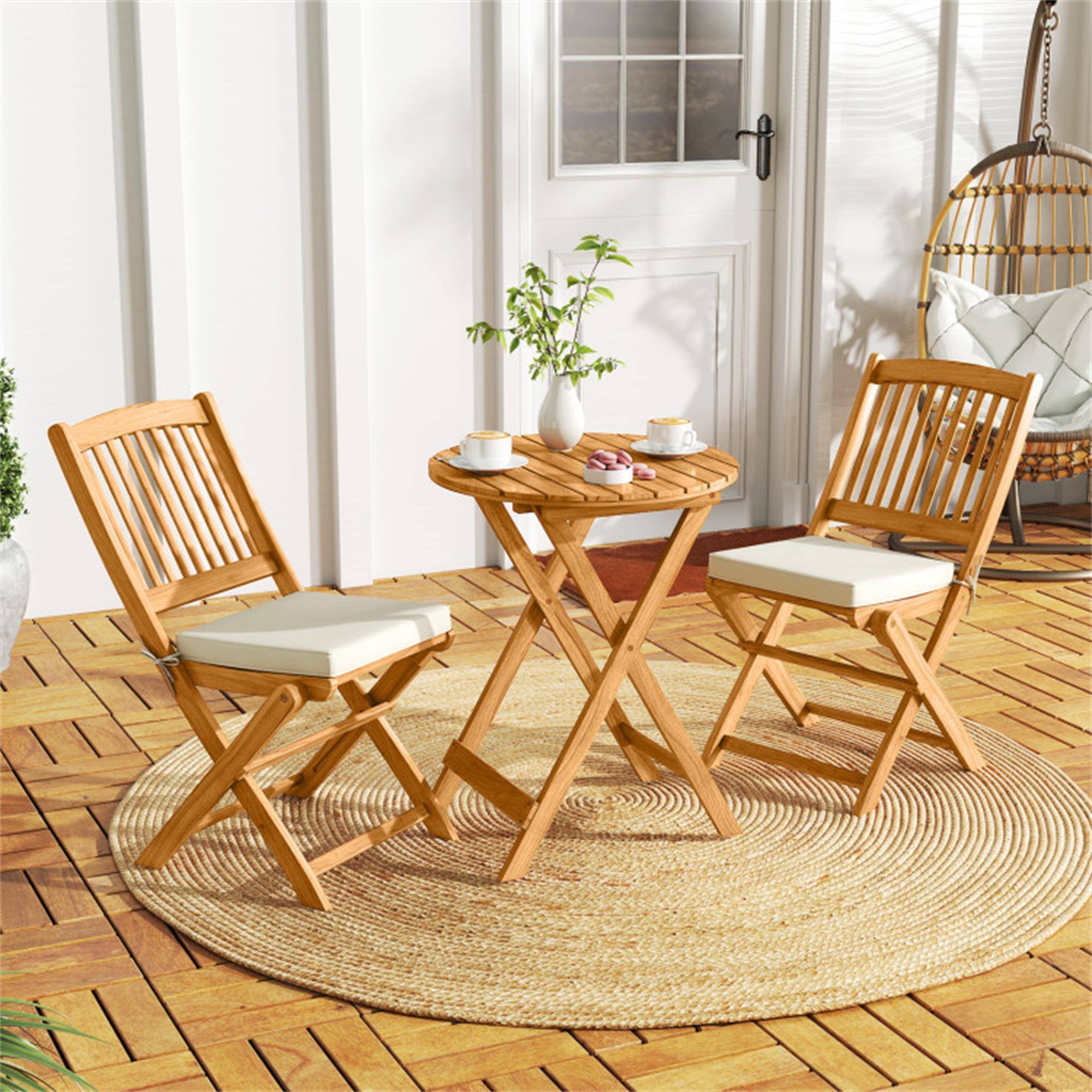 Alt View 4. Boyel Living - Beige 3 Pieces Acacia Wood Patio Folding Bistro Set with Soft Cushions - Beige.