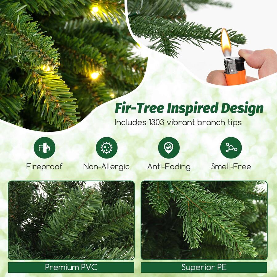 Costway 7 FT Artificial Xmas Tree with 1303 PE PVC Branch Tips 500 Warm ...