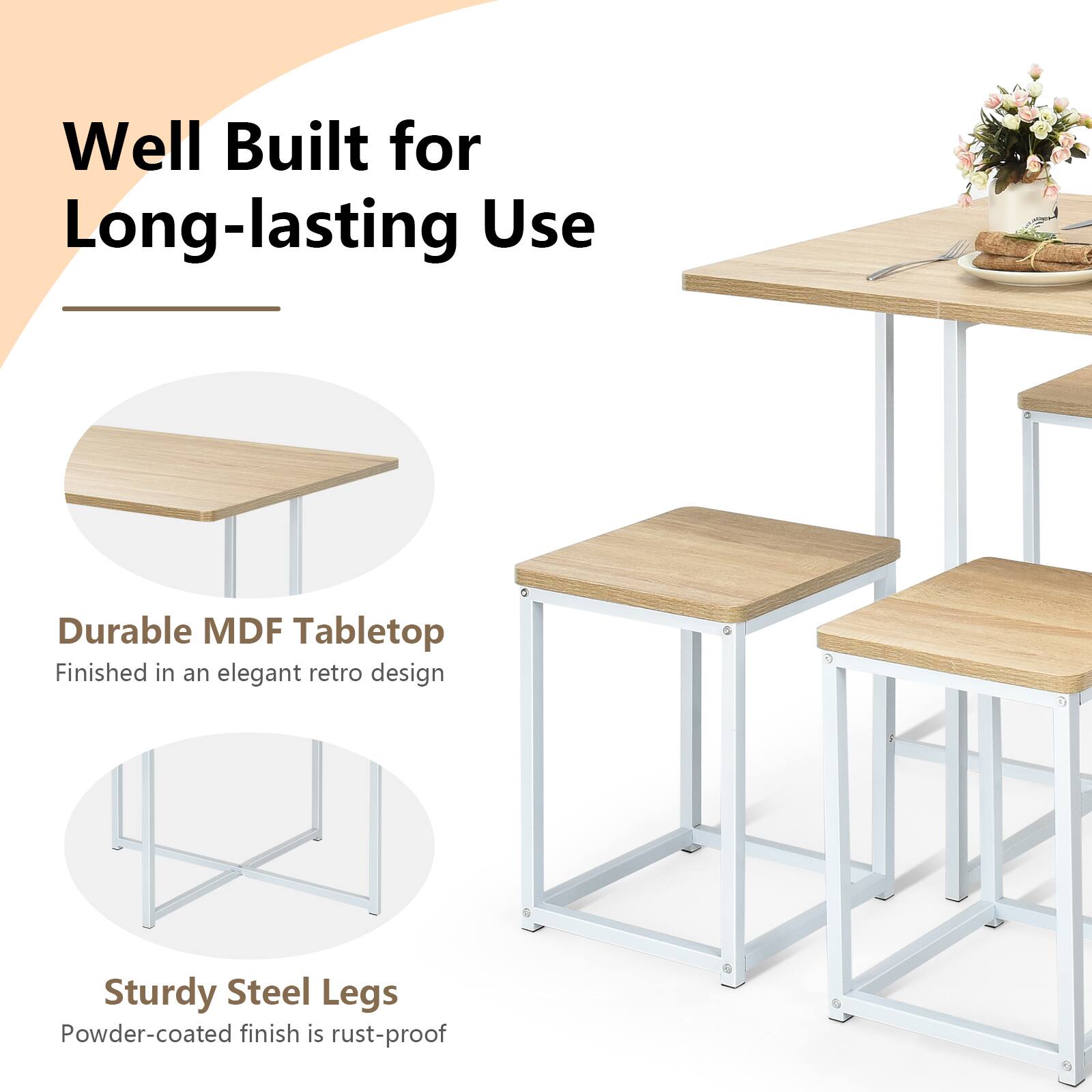 Well Built for Long-lasting Use

Durable MDF Tabletop
Finished in an elegant retro design

Sturdy Steel Legs
Powder-coated finish is rust-proof