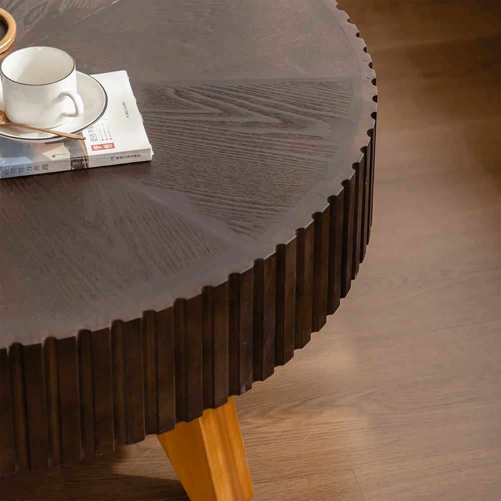 Alt View 2. Trinkets Crazed - Solid Round Coffee Table, Pedestal Design With Rustic Wood Grain | Space-Saving Accent Table - Brown.
