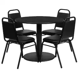 Emma + Oliver - 36" Round Laminate Table Set with 4 Trapezoidal Banquet Chairs - Black Top/Black Vinyl Seat