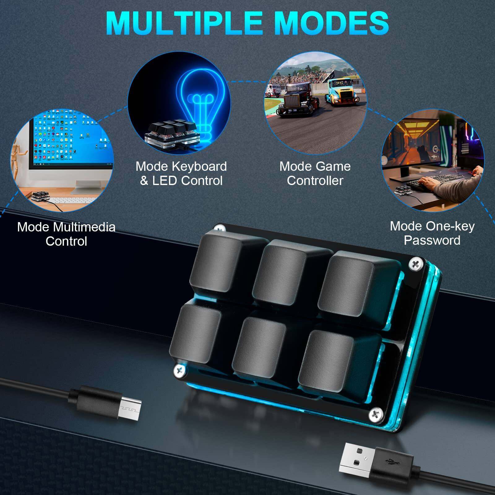 MULTIPLE MODES

- Mode Keyboard & LED Control
- Mode Game Controller
- Mode One-key Password
- Mode Multimedia Control