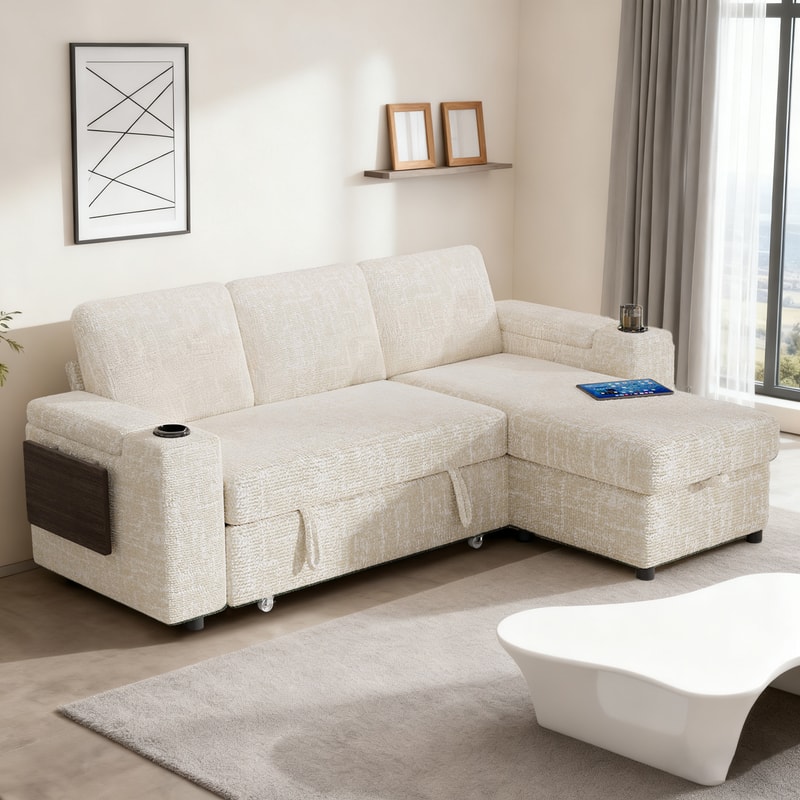 Dyonery - 85" Modular Sectional Sofa with Pull Out Bed,Chenille Fabric 3 Seat Sectional Sofa with Storage,for Living Room - Beige