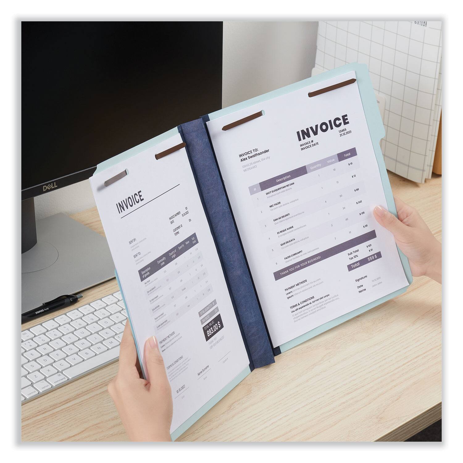 Sure, here is the corrected and grouped text from the image:

---

**INVOICE**

**INVOICE TO:**
Alice Swathbender  
1234567890  
Today

**INVOICE #**  
1234567890  
**INVOICE DATE**  
12.12.2021

**Description**  
1. Decorative Wall Lamp  
2. Wall Art  
3. Floor Lamp  
4. Table Lamp  
5. Desk Lamp  
6. Bedside Lamp  
7. Pendant Light  
8. Chandelier  
9. Floor Lamp  
10. Table Lamp  

**Quantity**  
1  
1  
1  
1  
1  
1  
1  
1  
1  
1  

**Unit Price**  
$10  
$10  
$10  
$10  
$10  
$10  
$10  
$10  
$10  
$10  

**Total**  
$10  
$10  
$10  
$10  
$10  
$10  
$10  
$10  
$10  
$10  

**Total**  
$100