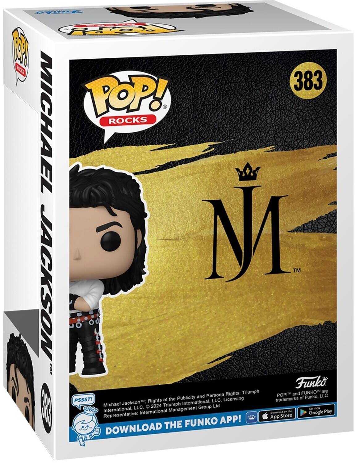 **Front:**
- POP! Rocks
- Michael Jackson
- 383
- MJ™
- Funko
- Publicity and Persona Rights: Triumph International, LLC. Licensing
- POP!™ and FUNKO™ are trademarks of Funko, LLC
- Download on the App Store
- Get it on Google Play
- Michael Jackson™: Rights of the Publicity and Persona Rights: Triumph International, LLC. © 2024 Triumph International, LLC. Licensing Representative: International Management Group Ltd
- DOWNLOAD THE FUNKO APP!

**Side:**
- Michael Jackson
- POP! Rocks

**Top:**
- POP! Rocks
- Michael Jackson

**Bottom:**
- PSSST!
