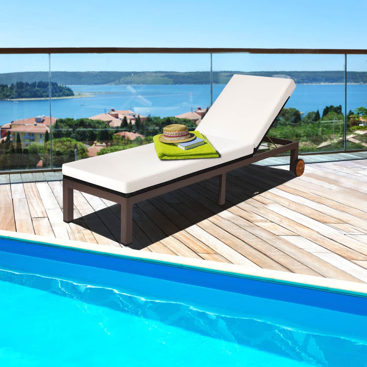 Gymax - Patio Adjustable Rattan Recliner Chaise Lounge Chair w/ Cushion Wheels - as pic