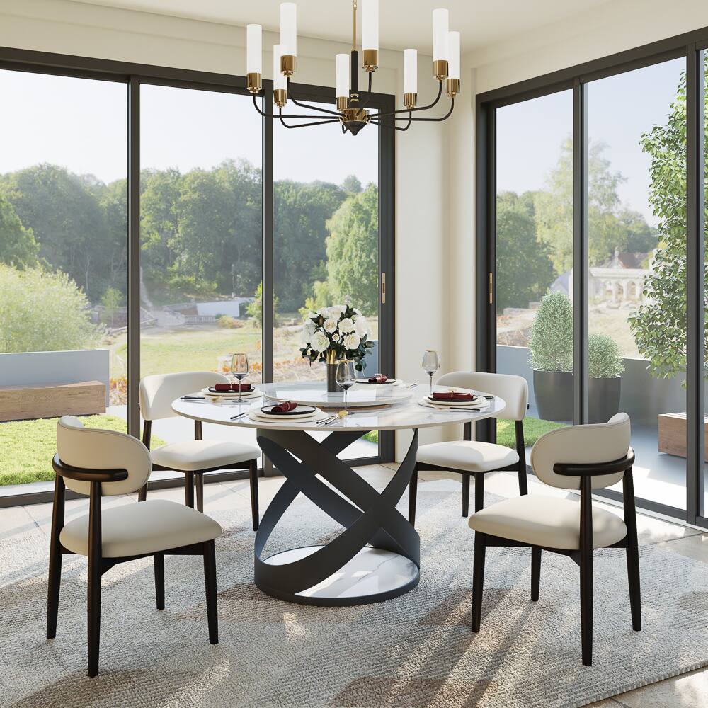 Angle. POVISON - 51" Modern Glossy Dining Table for 4 with Lazy Susan, White Round Sintered Stone Tabletop, Black X Carbon Steel Base - White Glossy Sintered Stone with Black.