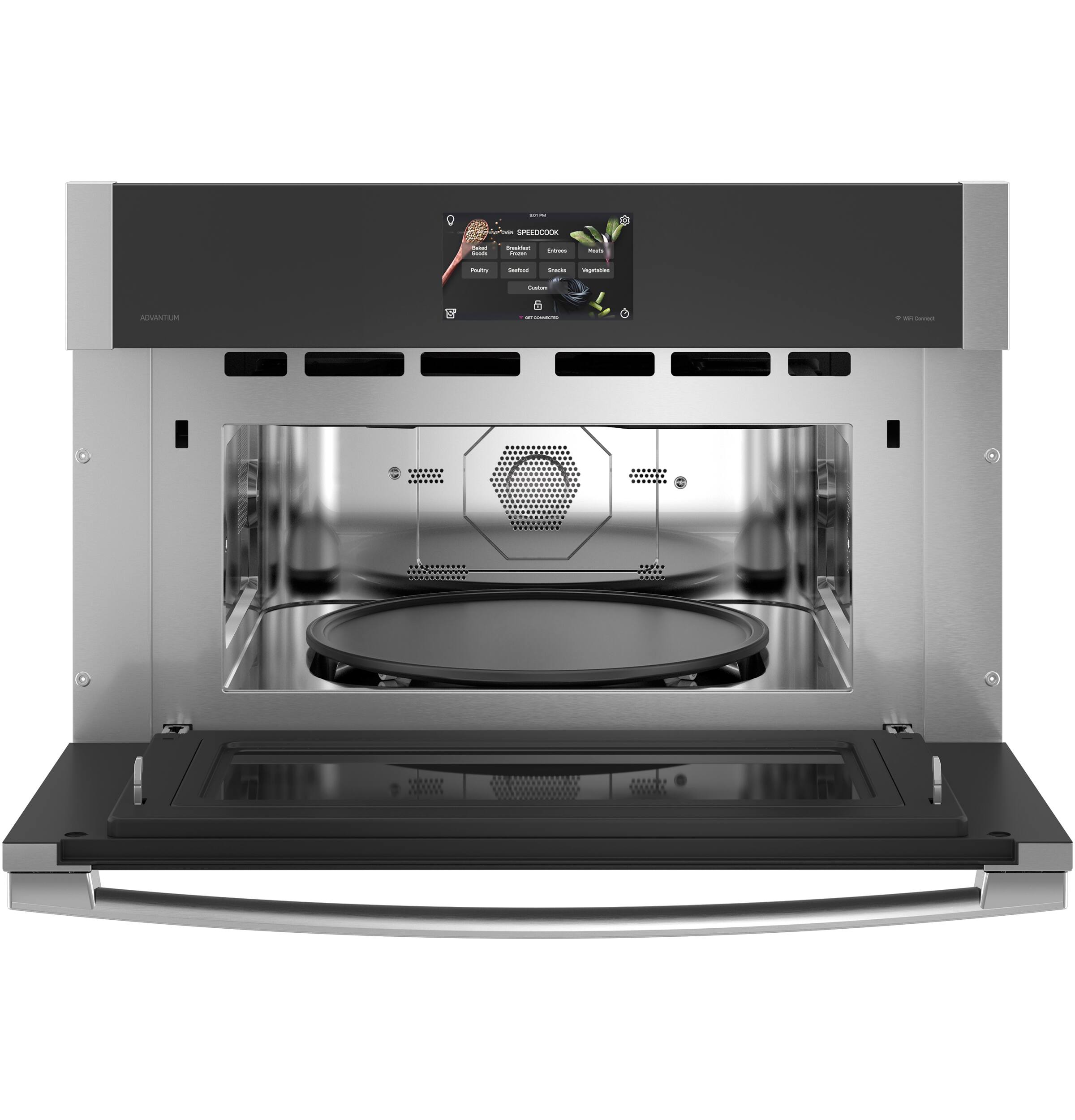 The image features a stainless steel oven with a glass door. The oven is empty, with no food or cooking items visible inside. The oven is likely designed for cooking and baking, and its sleek and modern appearance suggests it may be a high-quality appliance.