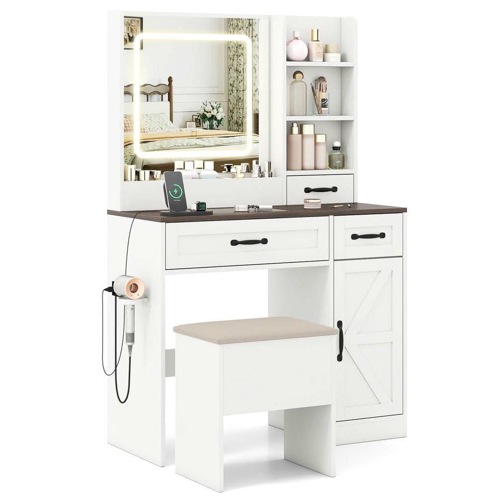 Kadyn - Farmhouse Vanity Desk - Lighted Mirror, Makeup Dressing Table, Bedroom Essential - White