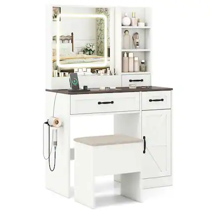 Front. Kadyn - Farmhouse Vanity Desk - Lighted Mirror, Makeup Dressing Table, Bedroom Essential - White - White.