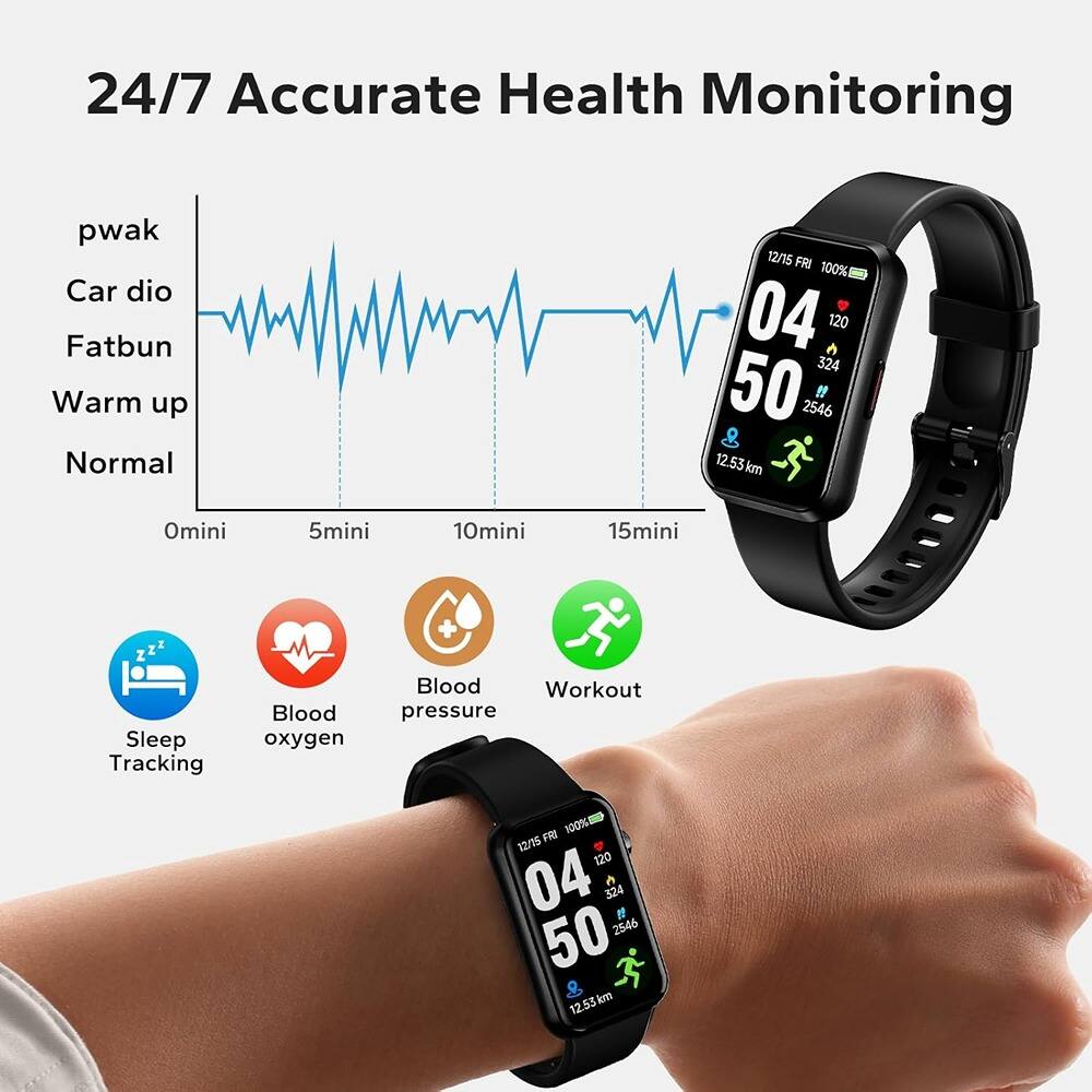 24/7 Accurate Health Monitoring

- pwak
- Car dio
- Fatbun
- Warm up
- Normal

0mini 5mini 10mini 15mini

12.53km

Sleep Tracking
Blood oxygen
Blood pressure
Workout

12/15 FRI 100%
04 50
120 324 50 2546