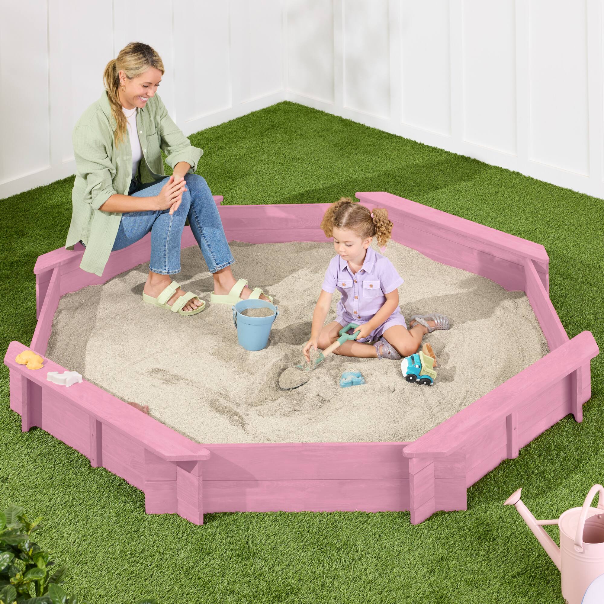 Best Choice Products - Kid's Octagonal Wooden Outdoor Sandbox w/ Benches, 8 Seats, Cover, XL Sandpit, Liner - Pink price history on PriceWatchPro