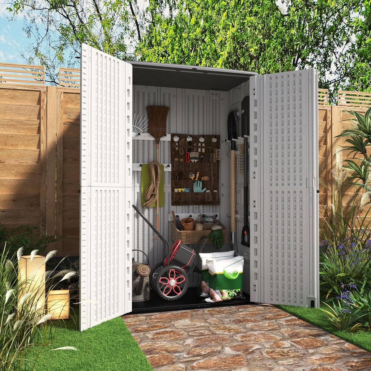 Angle. Yardgrace - 66 Cu.ft Waterproof Resin Vertical Storage Shed with 4 shelves, Outdoor Storage Box for Garden, Backyard, Home & Poo - White.