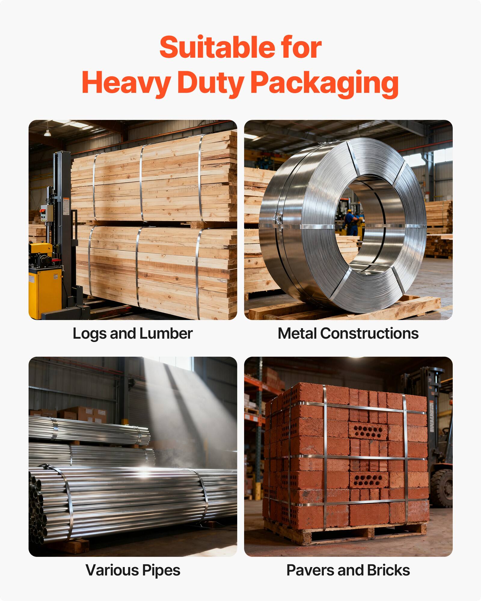 Suitable for Heavy Duty Packaging

- Logs and Lumber
- Metal Constructions
- Various Pipes
- Pavers and Bricks