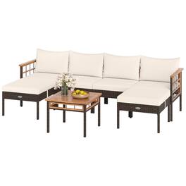 Gymax - Set of 7 Wicker Furniture Set w/Ottomans Side Table Acacia Wood Tabletop Armrests White - Brown