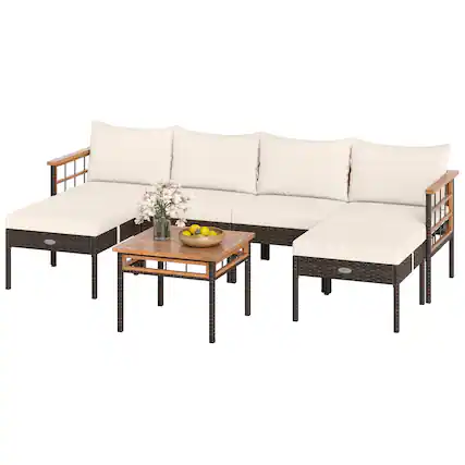 Front. Gymax - Gymax Set of 7 Wicker Furniture Set w/Ottomans Side Table Acacia Wood Tabletop Armrests White - Brown.