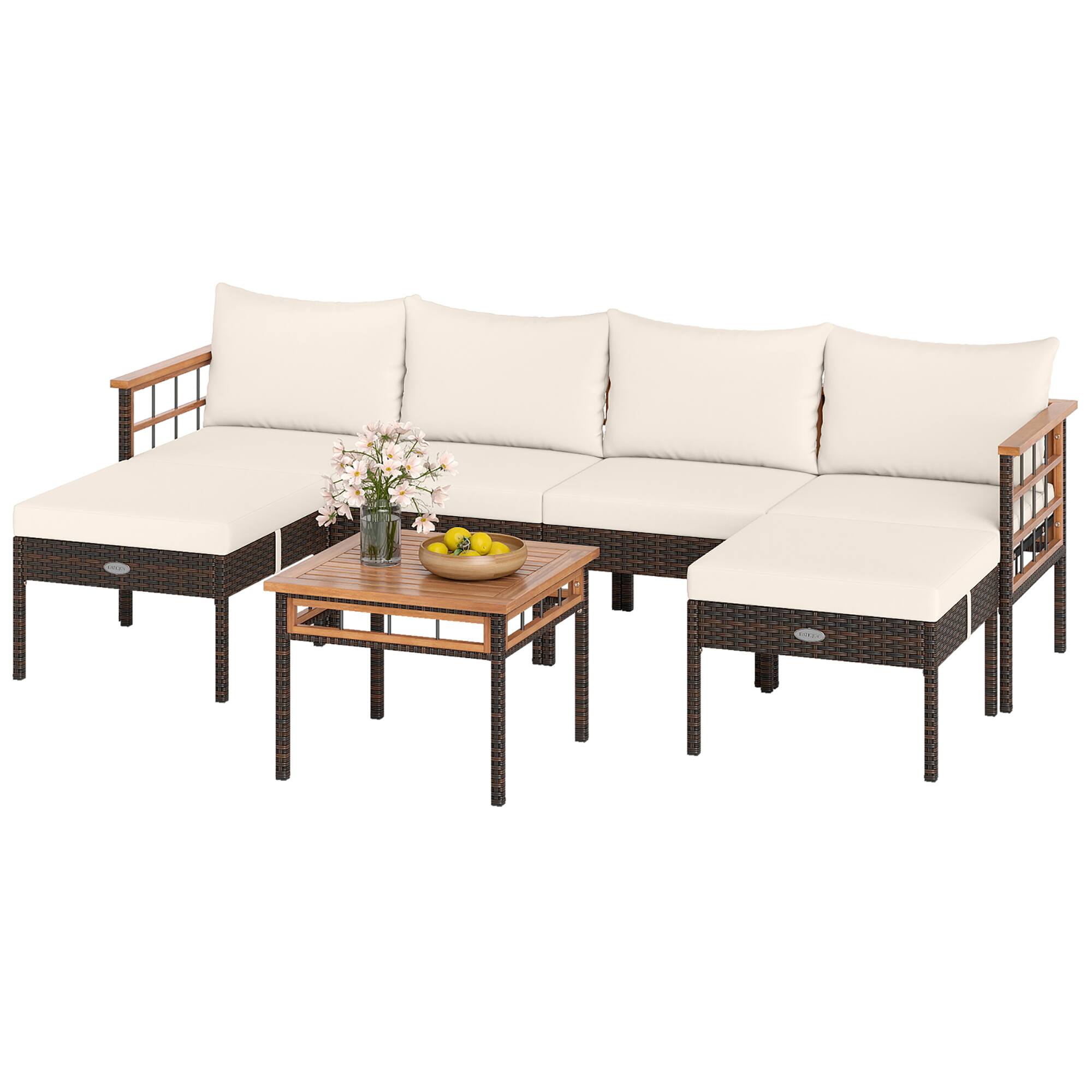 Front. Gymax - Gymax Set of 7 Wicker Furniture Set w/Ottomans Side Table Acacia Wood Tabletop Armrests White - Brown.
