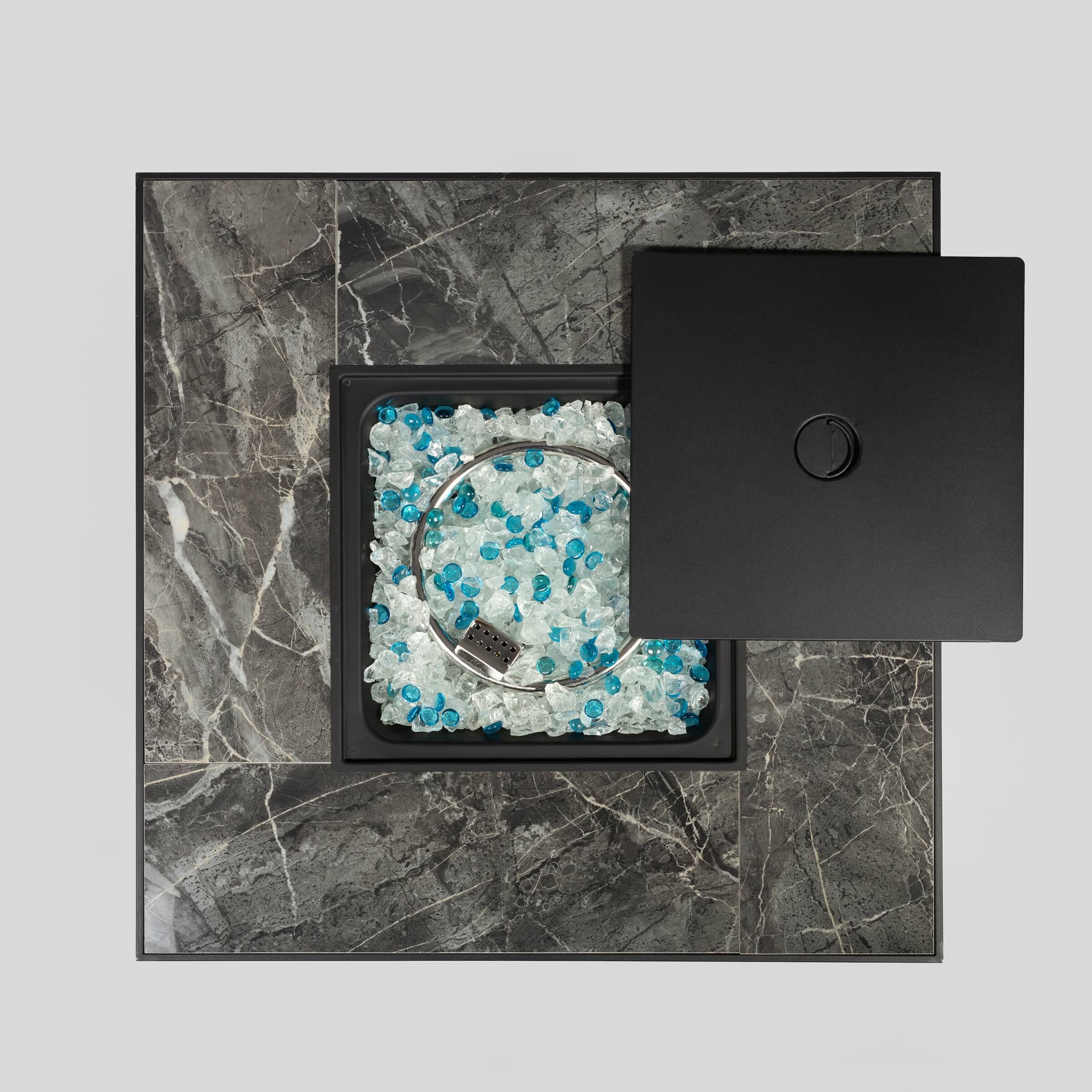 Angle. Lirago - 30" Outdoor Fire Pit Table Square Propane Fire Pit 50000 BTU Table Top Fire Pit with Tile Tabletop and Wicker Base - Brown.