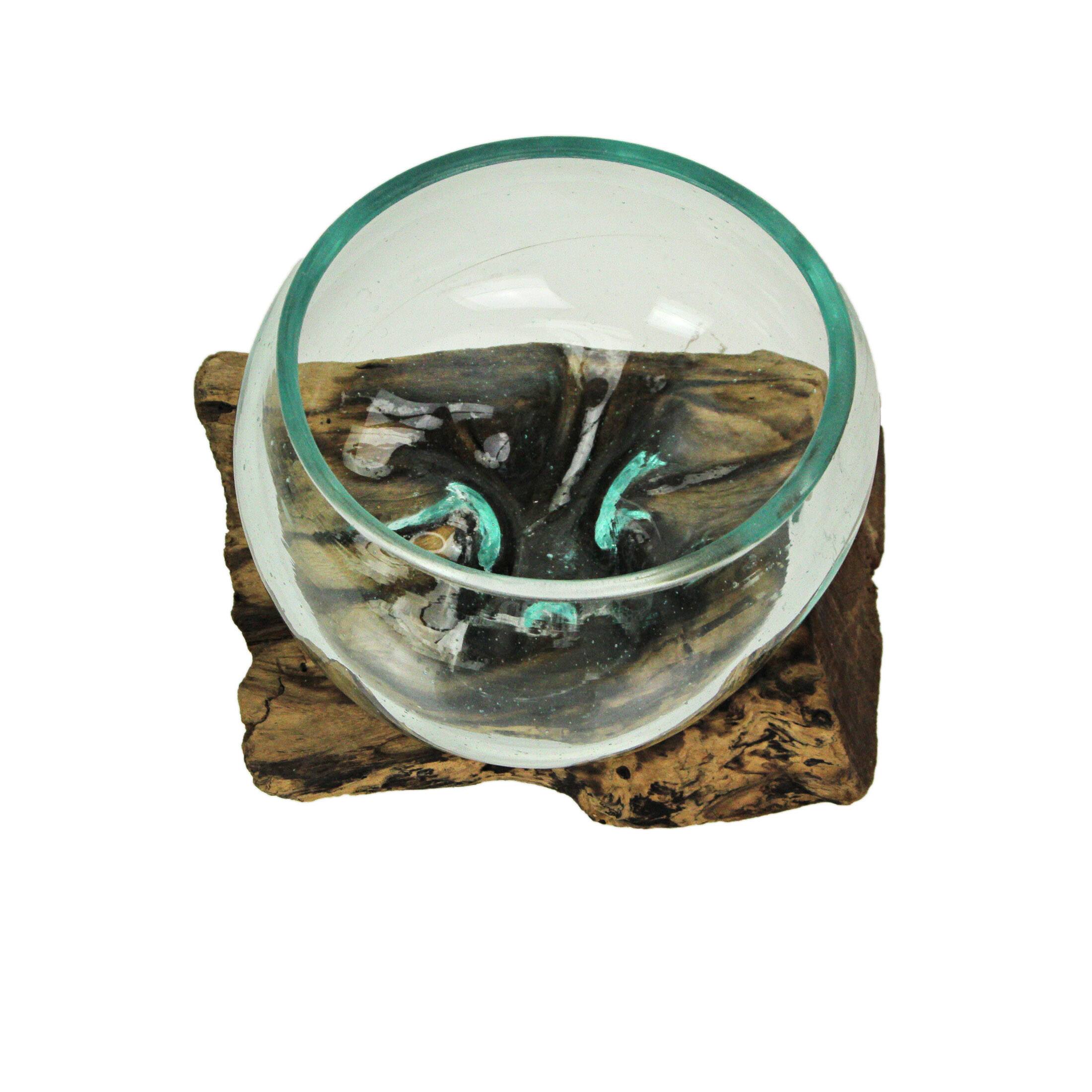 Alt View 1. Chesapeake Bay - Medium Wide Molten Glass on Teak Driftwood Sculptural Vase and Bowl - Brown.