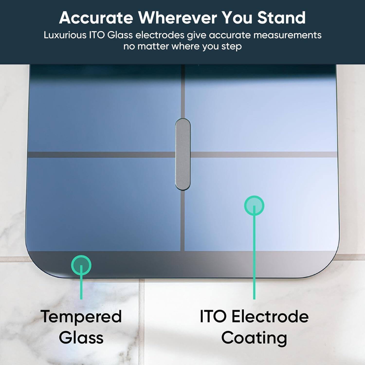 Accurate Wherever You Stand  
Luxurious ITO Glass electrodes give accurate measurements no matter where you step  

Tempered Glass  
ITO Electrode Coating
