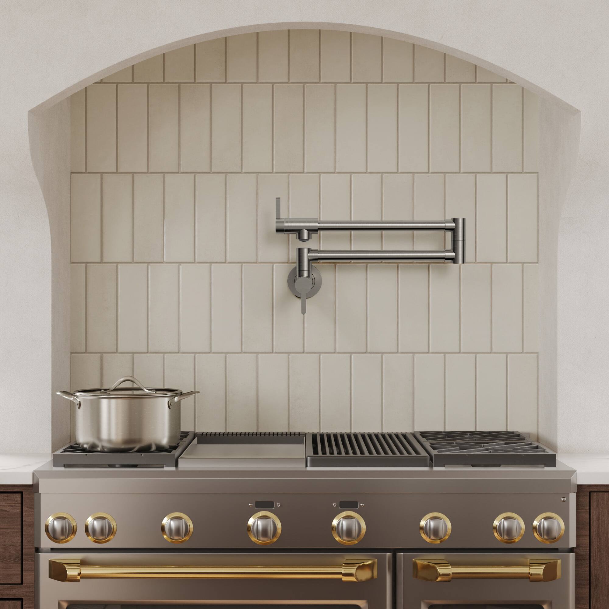 Angle. GRANDJOY - Wall Mount Pot Filler Faucet, Dual Swing Joints Foldable Spout, Solid Brass for Kitchen Stove - Brushed Nickel.