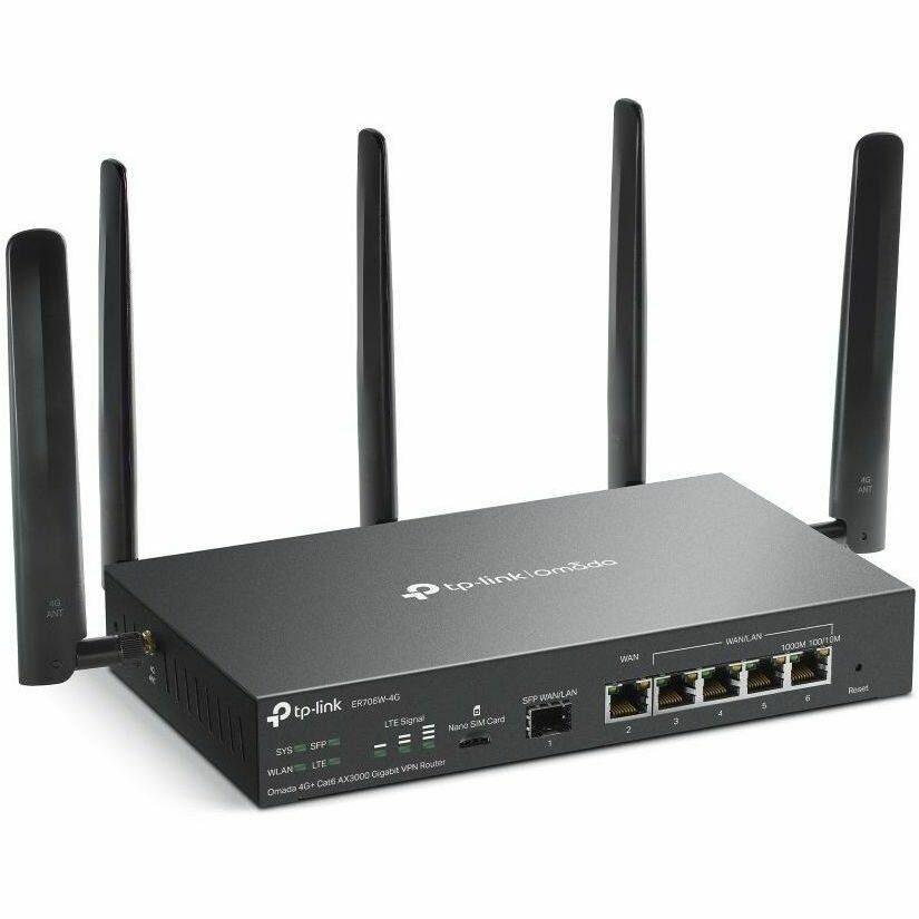 tp-link ER708W-4G  
Omada 4G-Cat6A AX5000 Gigabit VPN Router  
WAN/LAN 1000M  
LTE Signal  
Nano SIM Card  
WLAN AX3000  
SFP WAN/LAN  
SYS  
LTF  
tp-link