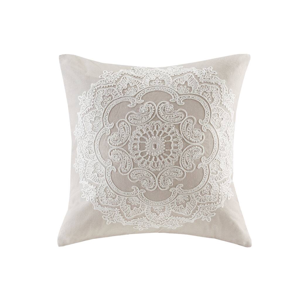 Gracie Mills - Lito Traditional Embroidered Cotton Square Pillow - Taupe