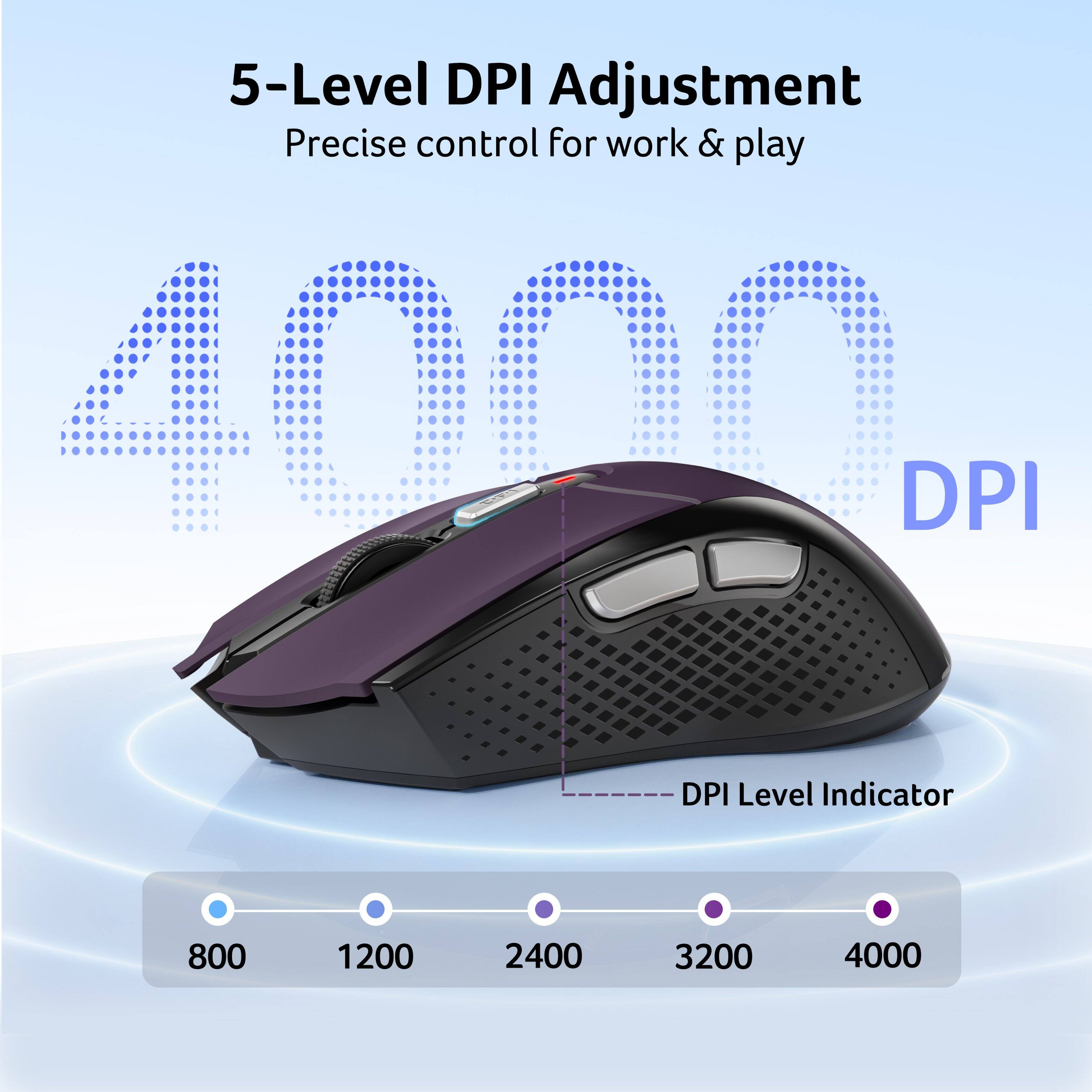 5-Level DPI Adjustment  
Precise control for work & play  
4000 DPI  

DPI Level Indicator  
800  
1200  
2400  
3200  
4000