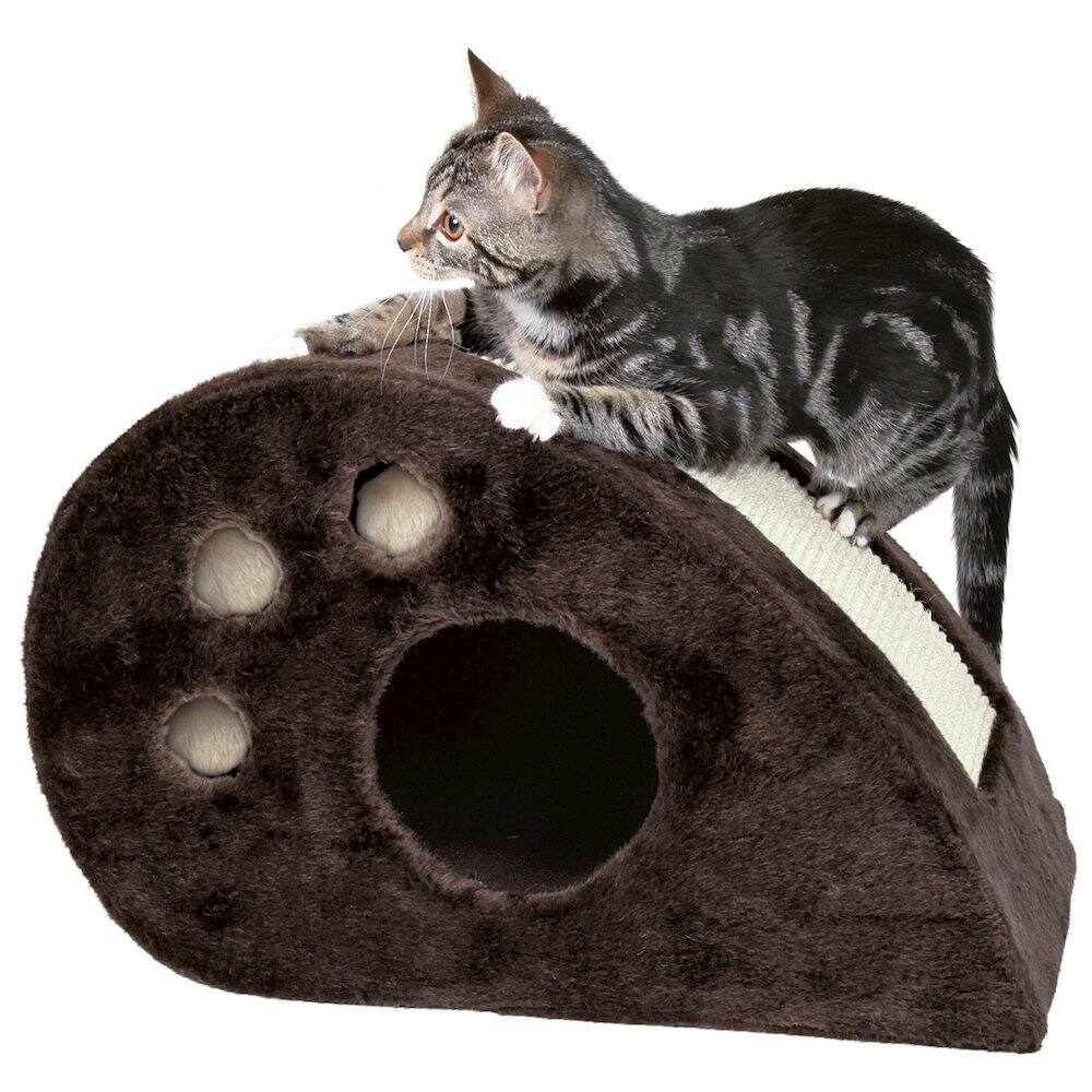 Left. TRIXIE - Topi Plush Cover Indoor Cat Condo with Sisal Scratching Surface & Cat Toys - Brown.
