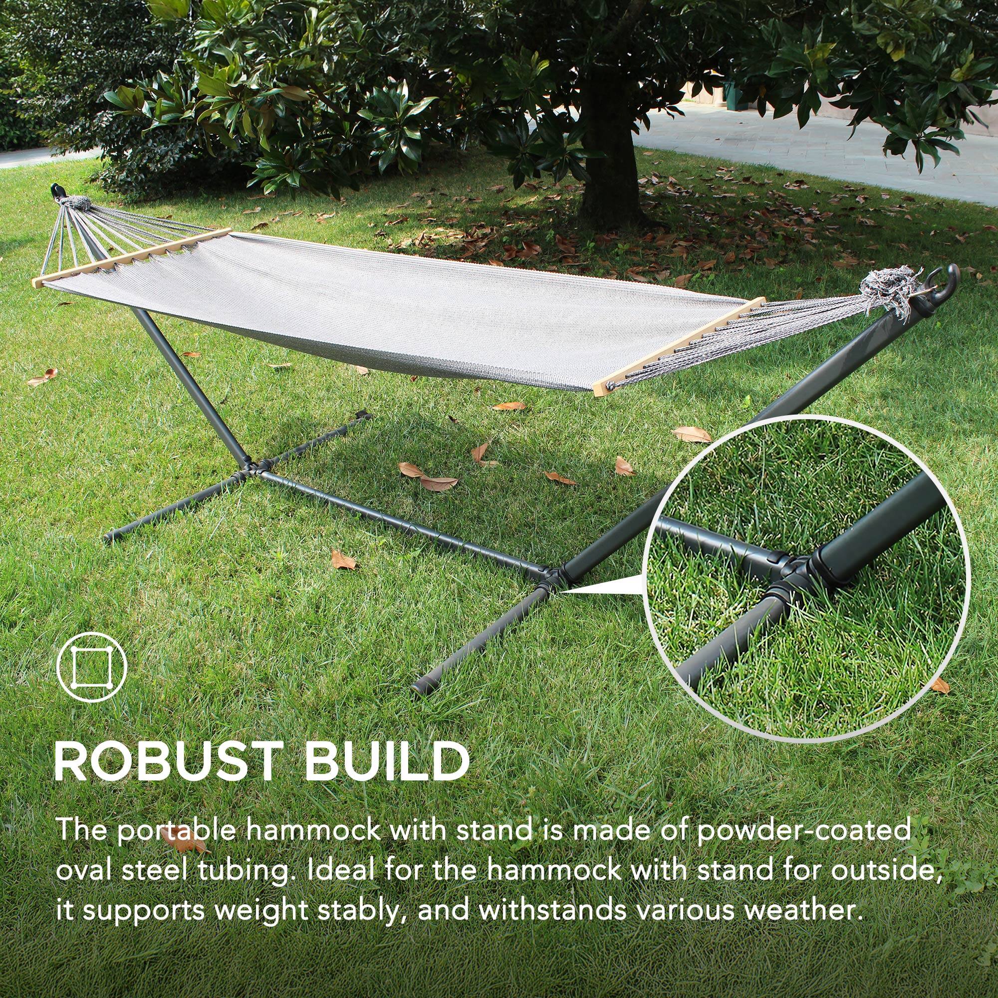 ROBUST BUILD

The portable hammock with stand is made of powder-coated oval steel tubing. Ideal for the hammock with stand for outside, it supports weight stably, and withstands various weather.