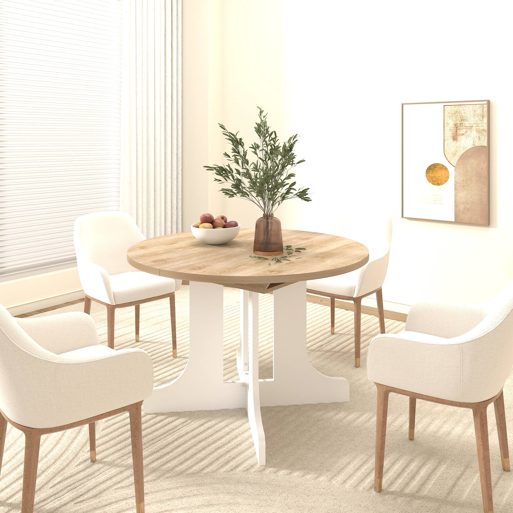 Alt View 4. Tiramisubest - Dining Table for Farmhouse Kitchen 59x43 Inch Expandable Oval Table Top with Removable Leaf Trestle X Shaped Base,White - White Oak.