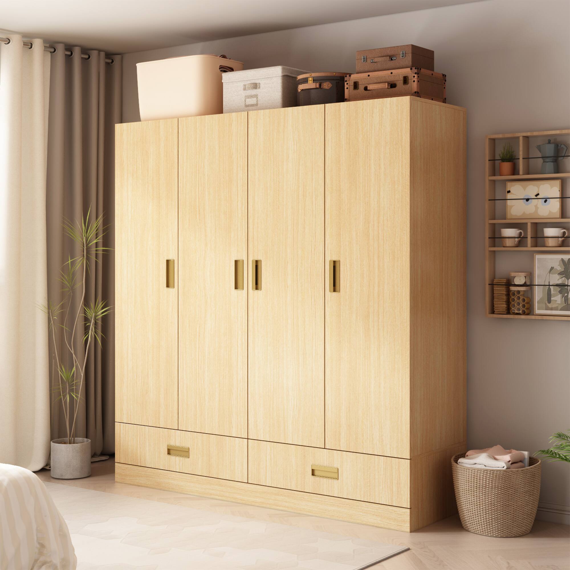 Left. FUFU&GAGA - Wood Grain Wardrobe Closet with 4 Doors and 2 Drawers Large Armoire Storage Cabinet Organizer for Bedroom - Wooden.