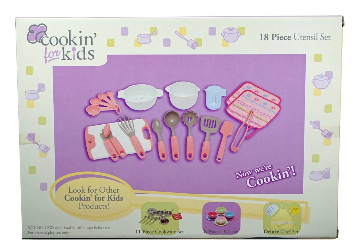 Cookin' for Kids  
18 Piece Utensil Set  

Look for Other Cookin' for Kids Products!  

Now we're Cookin'!  

WARNING: Wash all food & drink toys before use. For pretend play use only.  

11 Piece Cookware Set  
8 Piece Dish Set  
Deluxe Chef Set