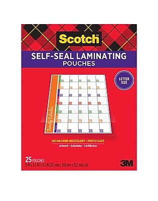 Scotch Self-Seal Laminating Pouches
Letter Size
No Machine Necessary
Photo Safe
Artwork, Schedules, Certificates
25 Pouches
9" x 11.5" x 0.5" (231 mm x 235 mm x 127 mm) EA
3M