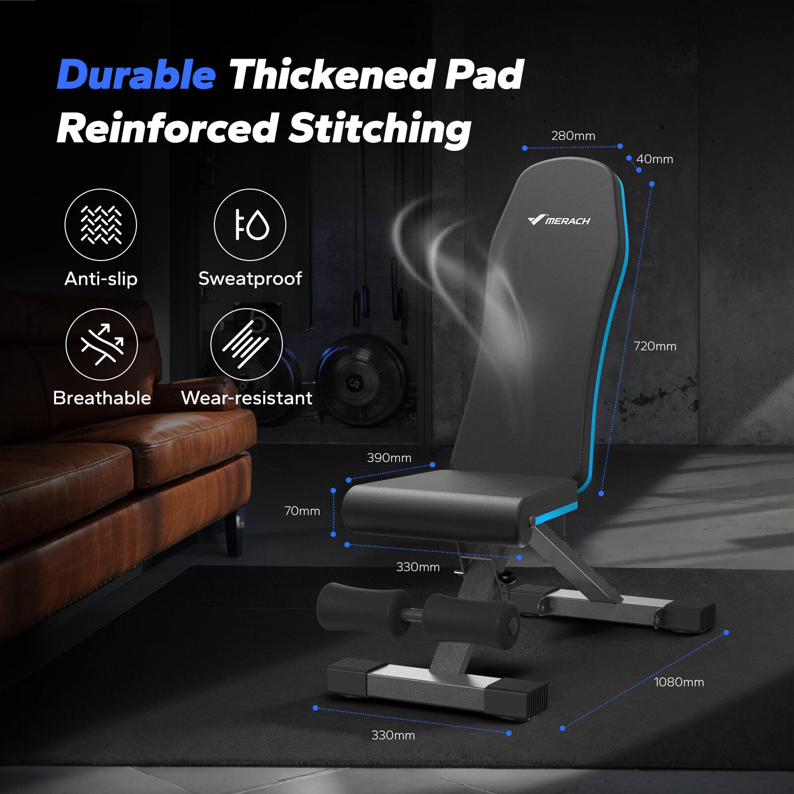 Durable Thickened Pad Reinforced Stitching

- Anti-slip
- Sweatproof
- Breathable
- Wear-resistant

280mm x 40mm  
720mm  
390mm x 70mm  
330mm x 330mm  
1080mm