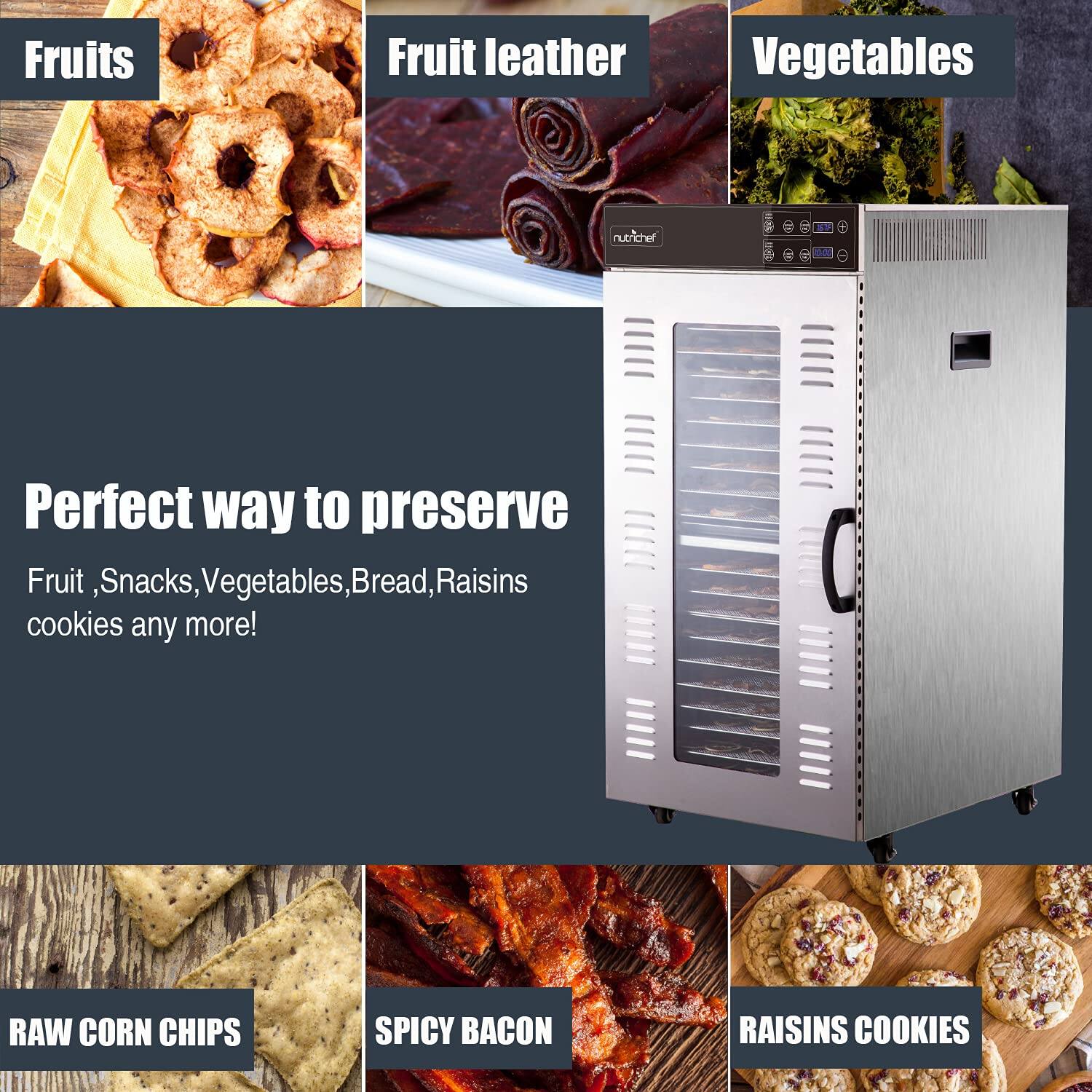 Fruits  
Fruit leather  
Vegetables  

Perfect way to preserve  
Fruit, Snacks, Vegetables, Bread, Raisins cookies any more!  

RAW CORN CHIPS  
SPICY BACON  
RAISINS COOKIES