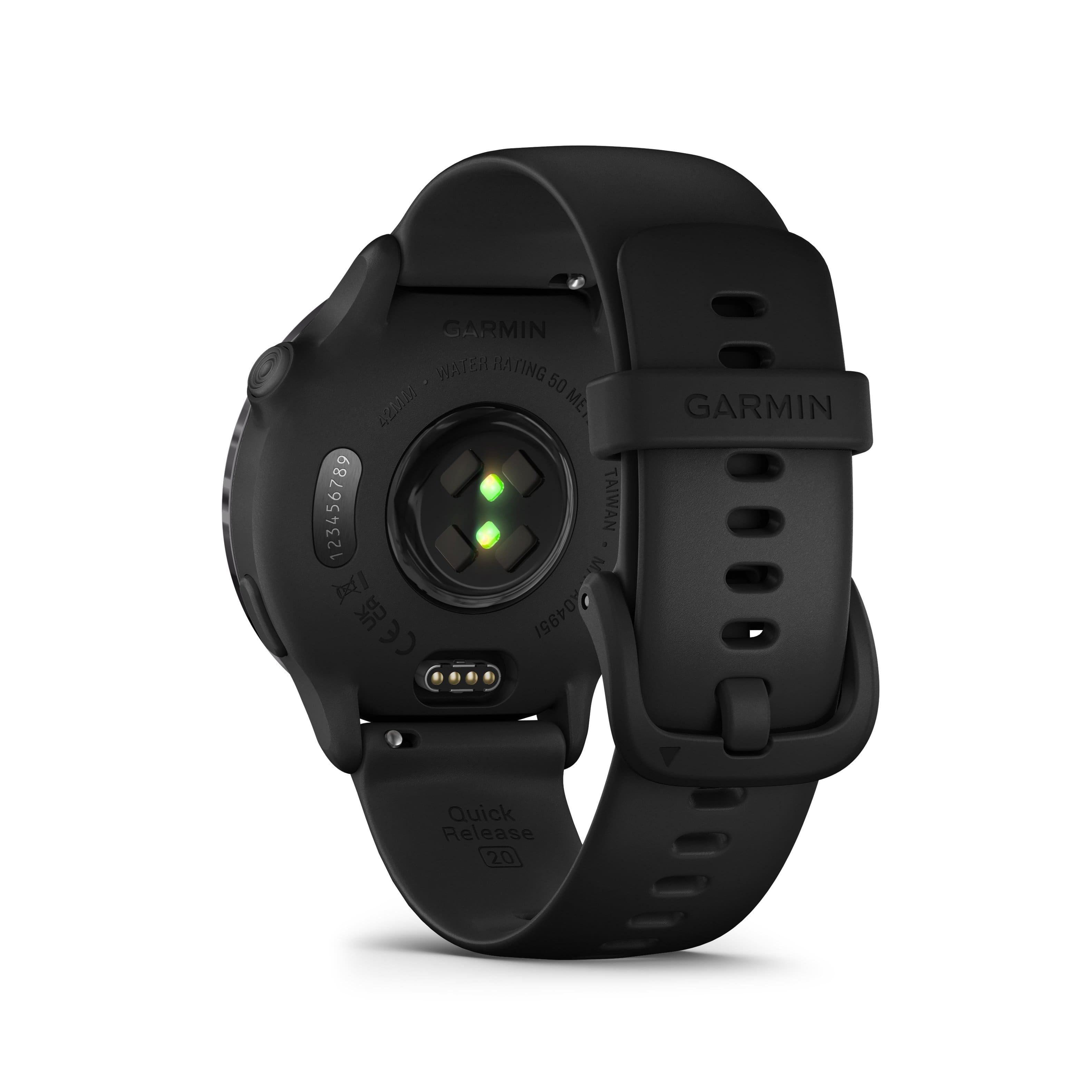The image shows a Garmin watch with a black band and a green light. The watch is designed to be water-resistant and has a quick release feature. The watch is made in Taiwan and is likely to be a popular choice for outdoor enthusiasts and fitness enthusiasts.